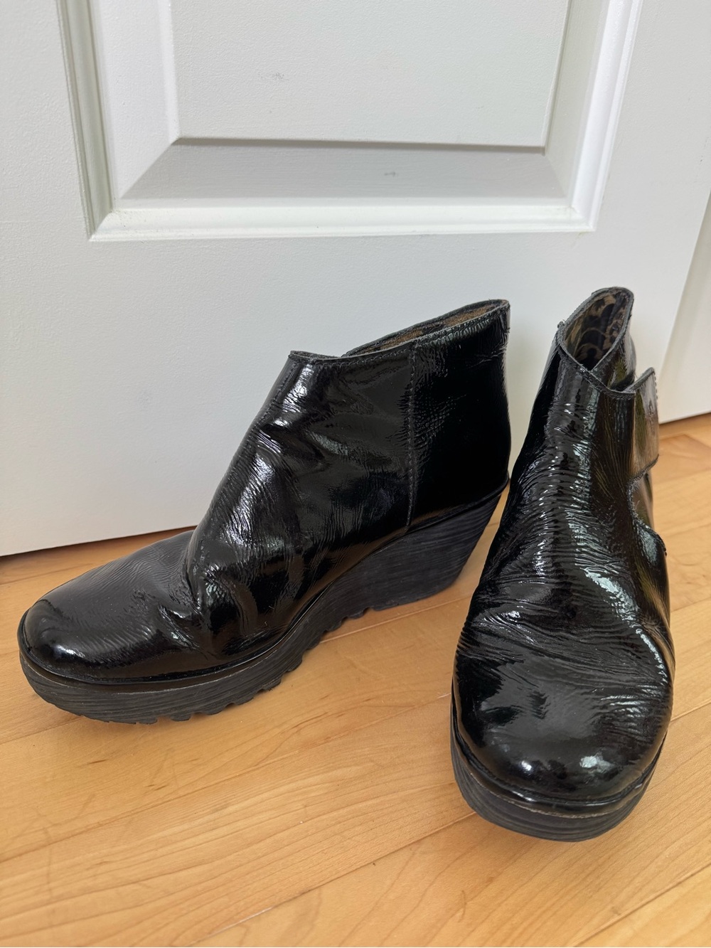 Fly London Black Patent Wedge Ankle Booties